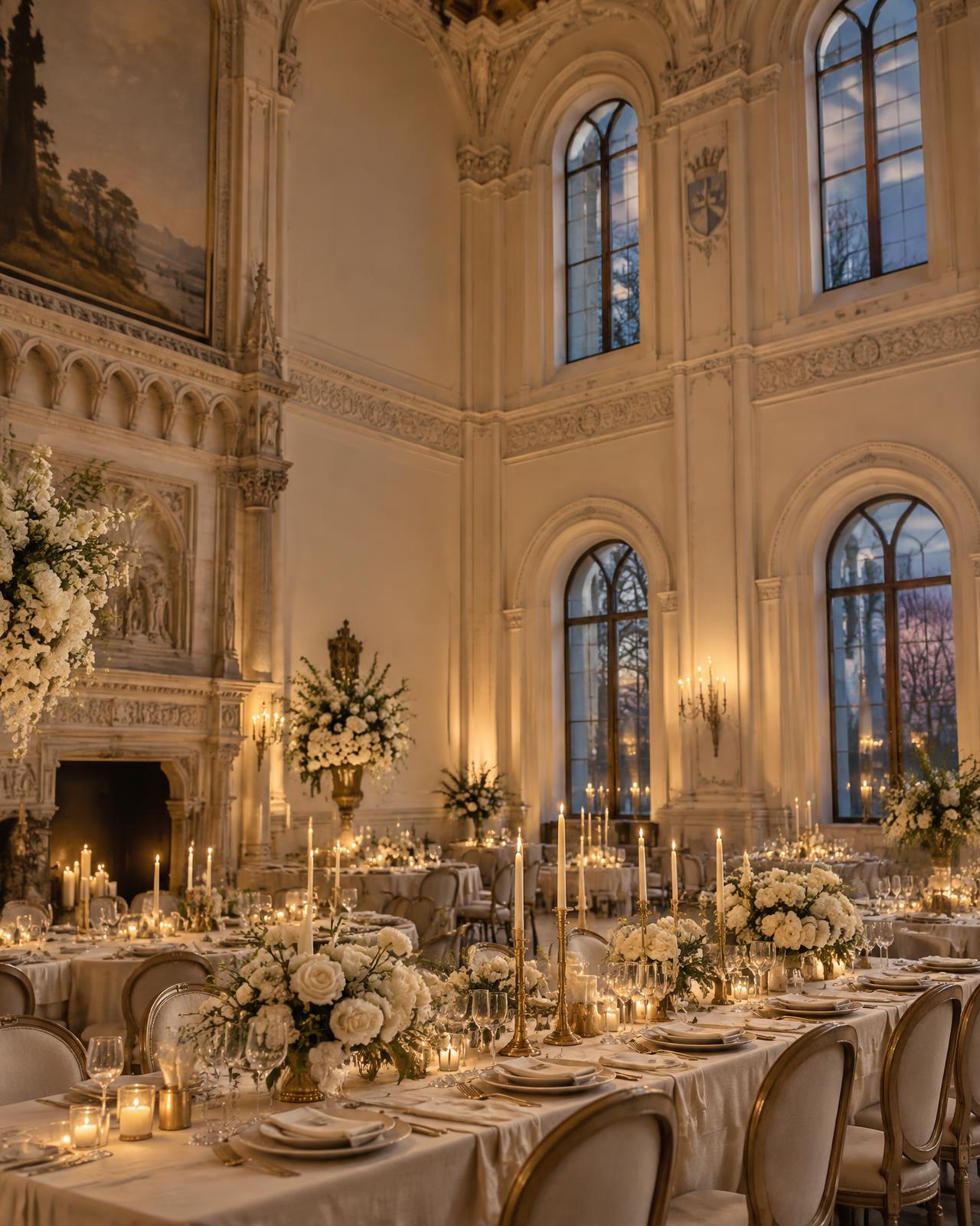 En elegant bröllopssal dukad med blommor och levande ljus
